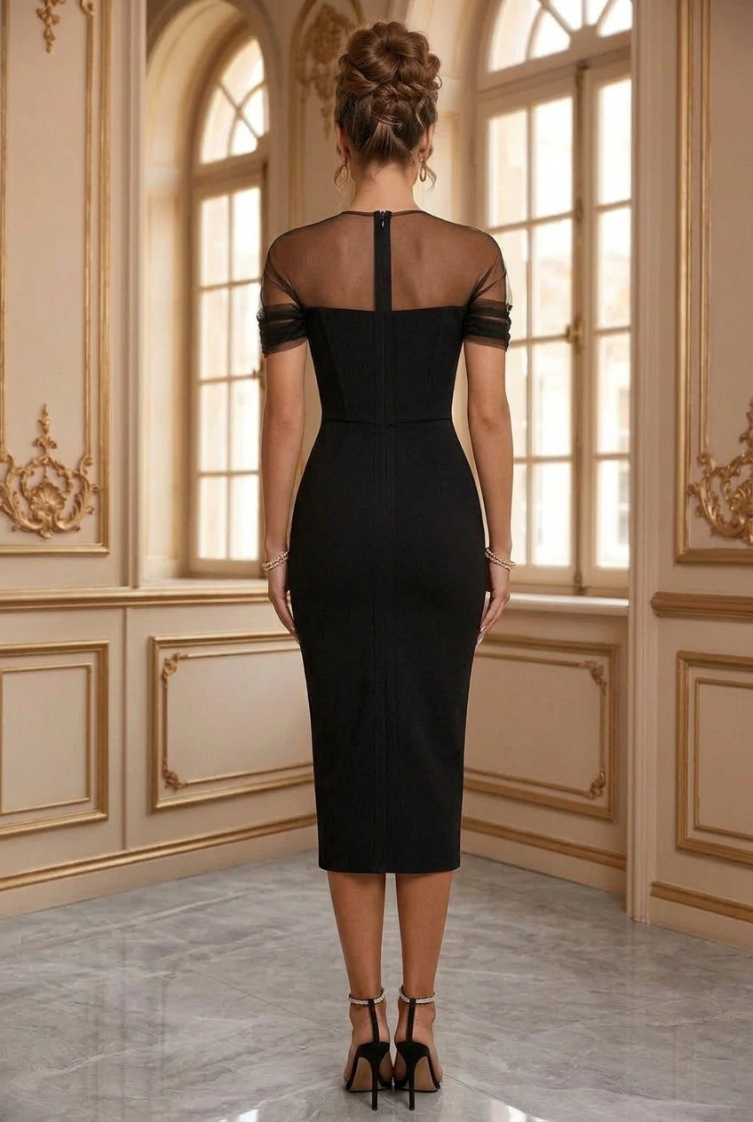 Midi Sheath Dress with Sheer Tulle Shoulders