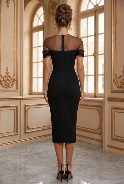 Midi Sheath Dress with Sheer Tulle Shoulders