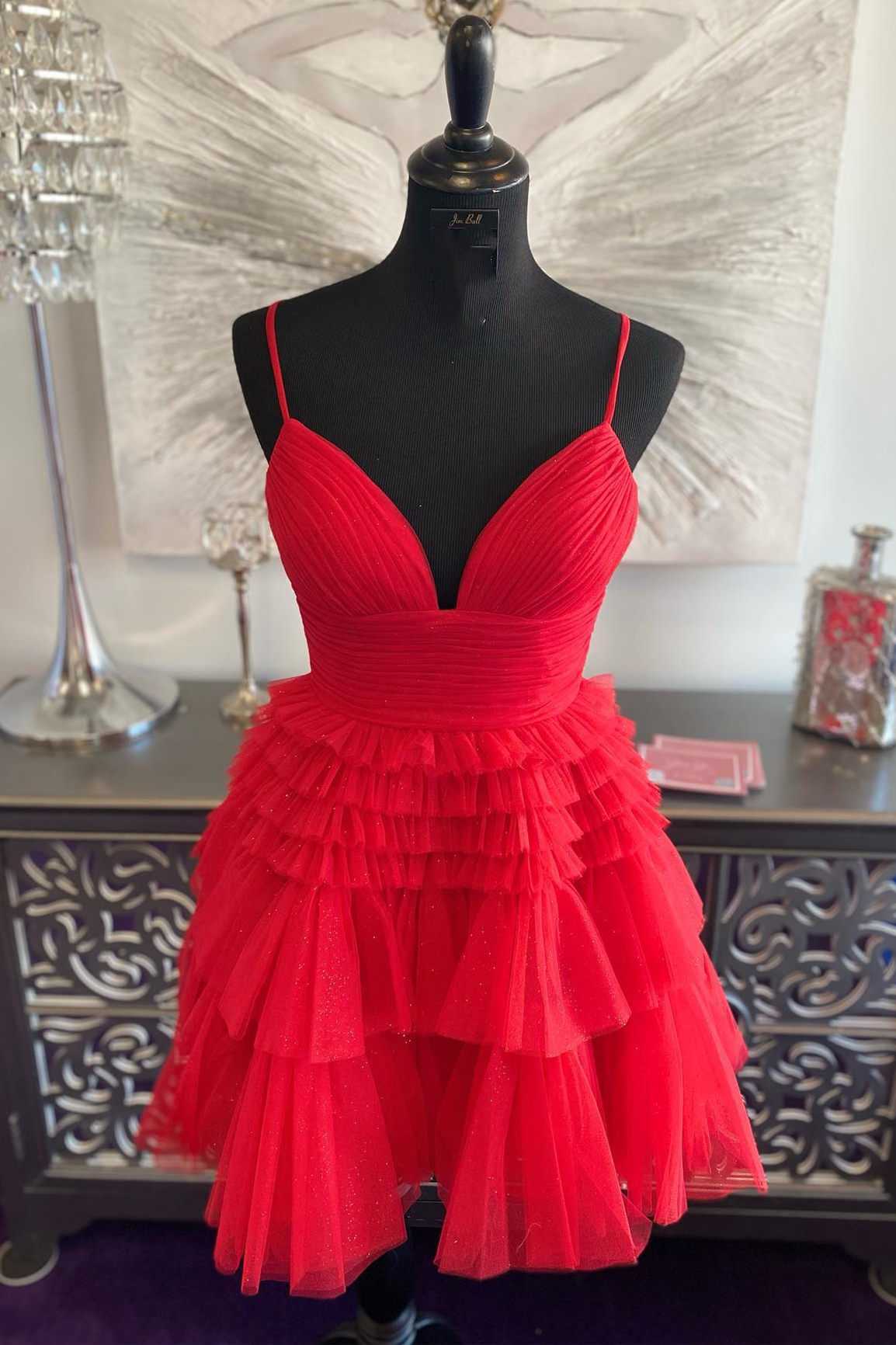 Pleated V-Neck Tiered Tulle Short Homecoming Dress