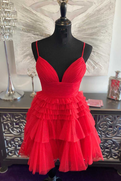 Pleated V-Neck Tiered Tulle Short Homecoming Dress