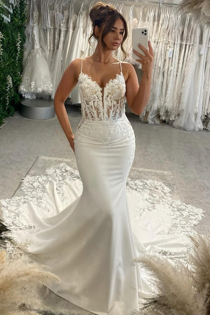 Mermaid Lace Bodice Wedding Dress with Spaghetti Straps
