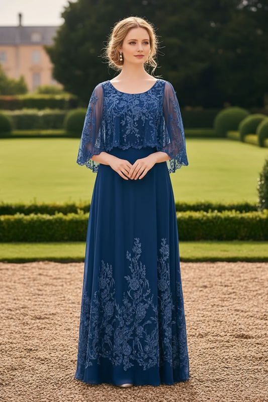 Floral Embroidered Cape Sleeve A-Line Evening Gown