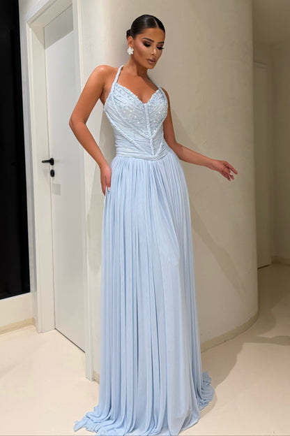 Pleated Halter Gown with Beaded Corset Bodice