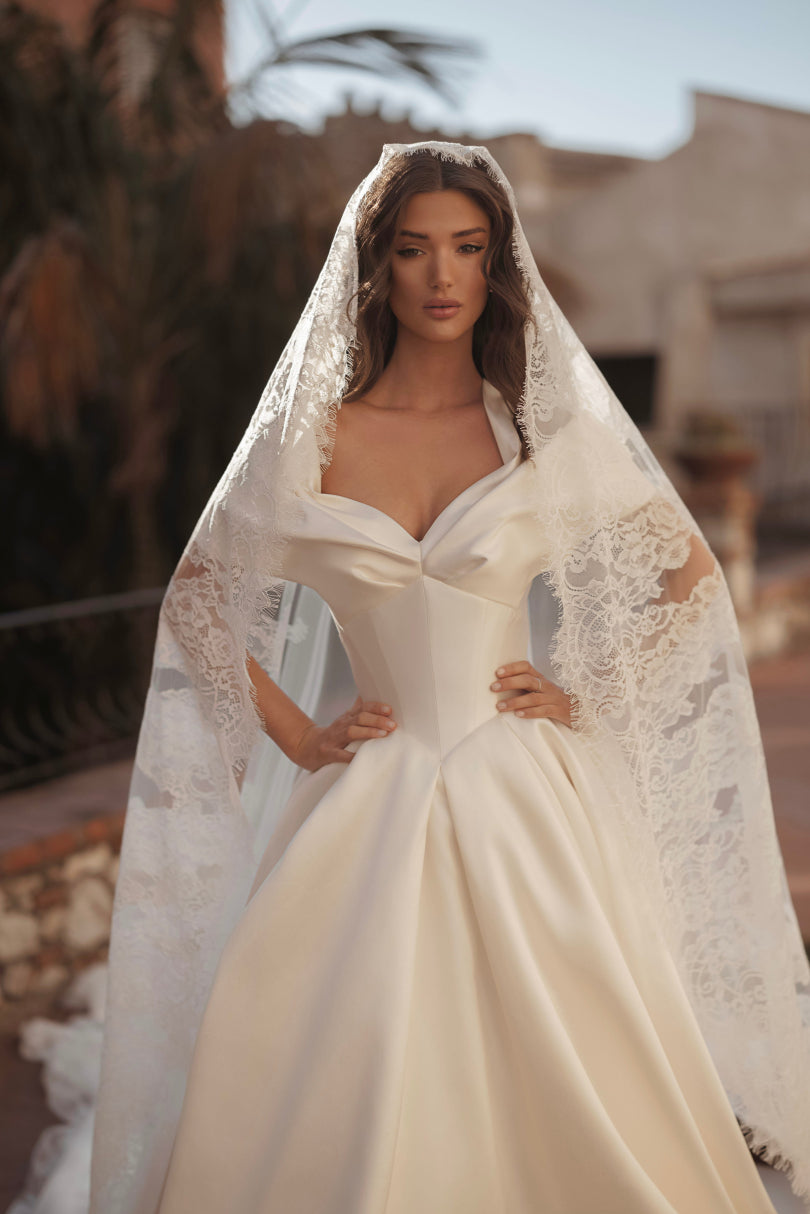 Off-the-Shoulder Satin Ball Gown Wedding Dress
