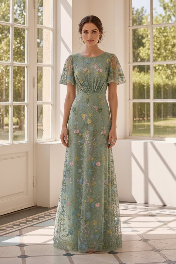 Flutter Sleeve Floral Embroidered Maxi Dress