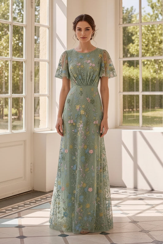 Flutter Sleeve Floral Embroidered Maxi Dress