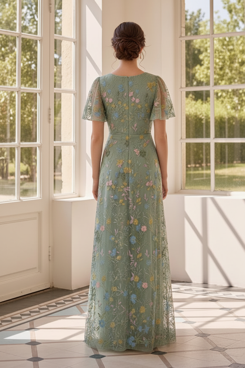 Flutter Sleeve Floral Embroidered Maxi Dress