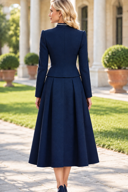 Pearl-Trimmed Stand Collar Jacket and Pleated Midi Skirt Set