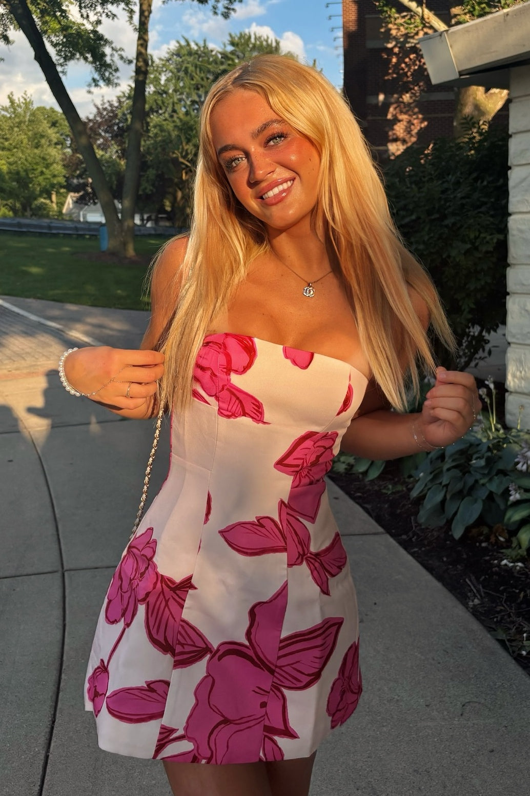 Strapless Floral Print Satin Mini Dress