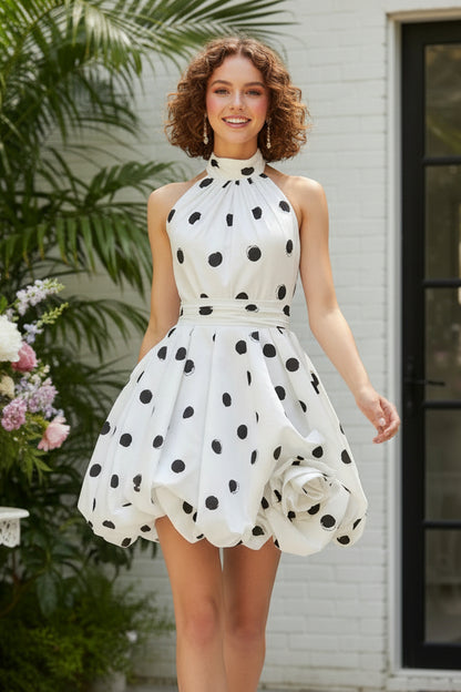Polka Dot Halter Bubble Hem Mini Dress with Floral Detail