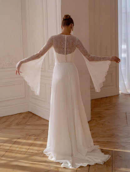 Deep V Lace Bell Sleeve Wedding Dress