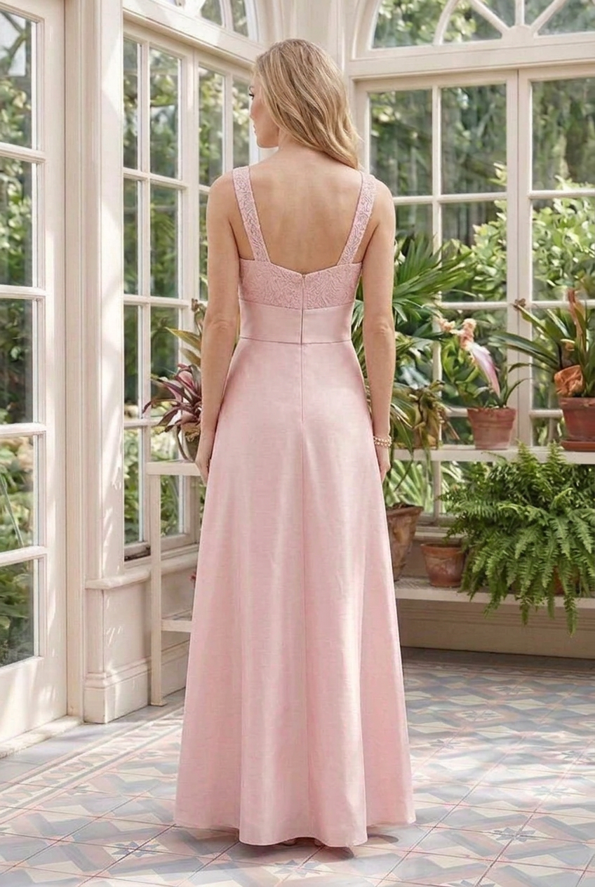 Lace Bodice Square Neck A-Line Gown with Sash