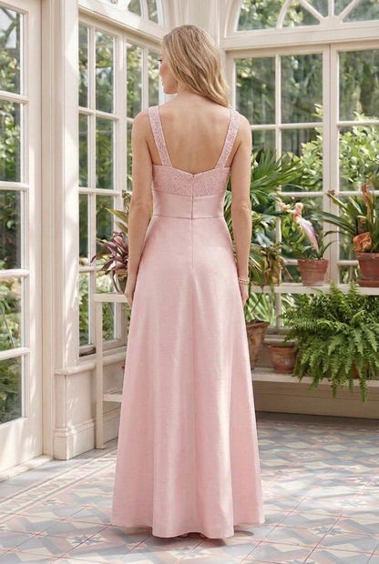 Lace Bodice Square Neck A-Line Gown with Sash