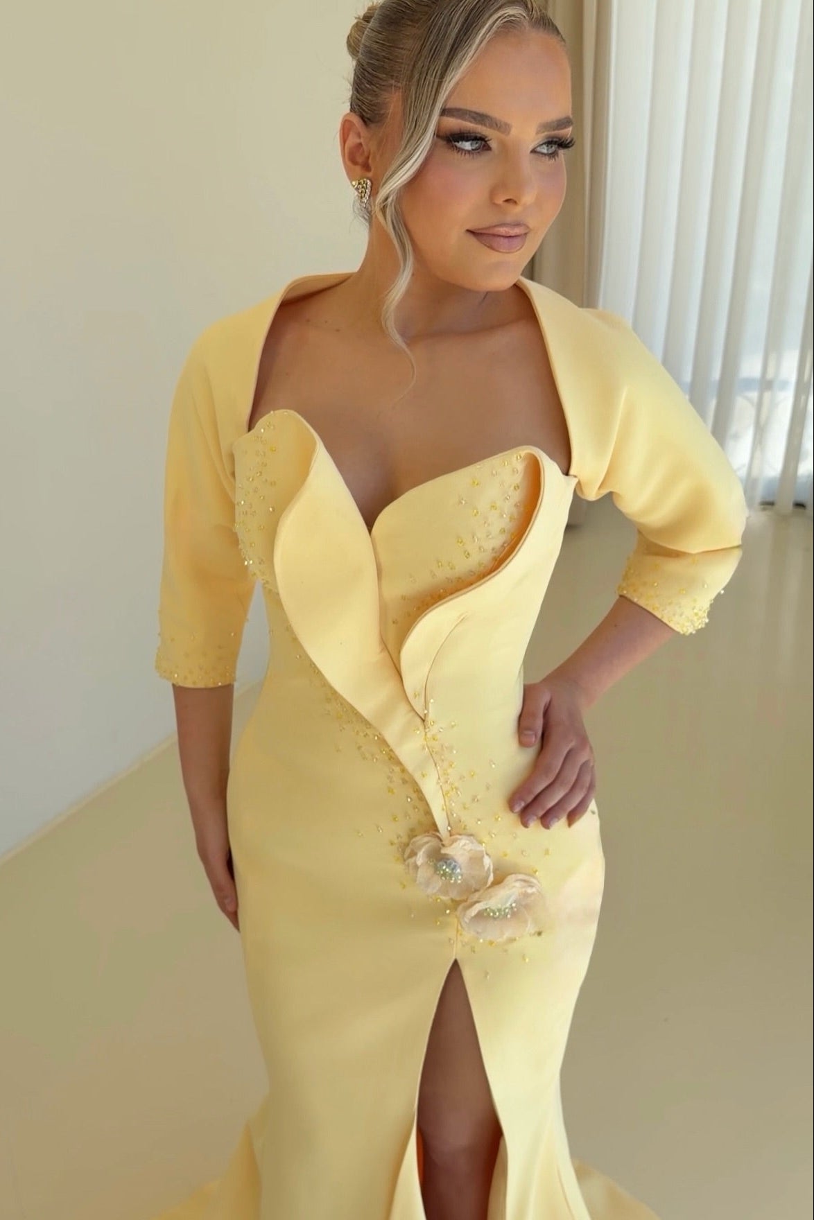 Sculptural Bodice Gown with Slit and 3/4 Sleeves