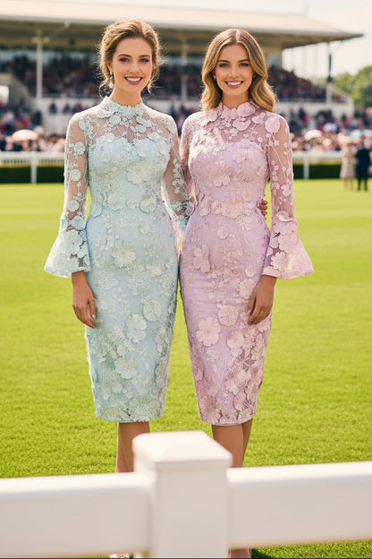 Floral Lace Midi Dress with Bell Sleeves & High Neck