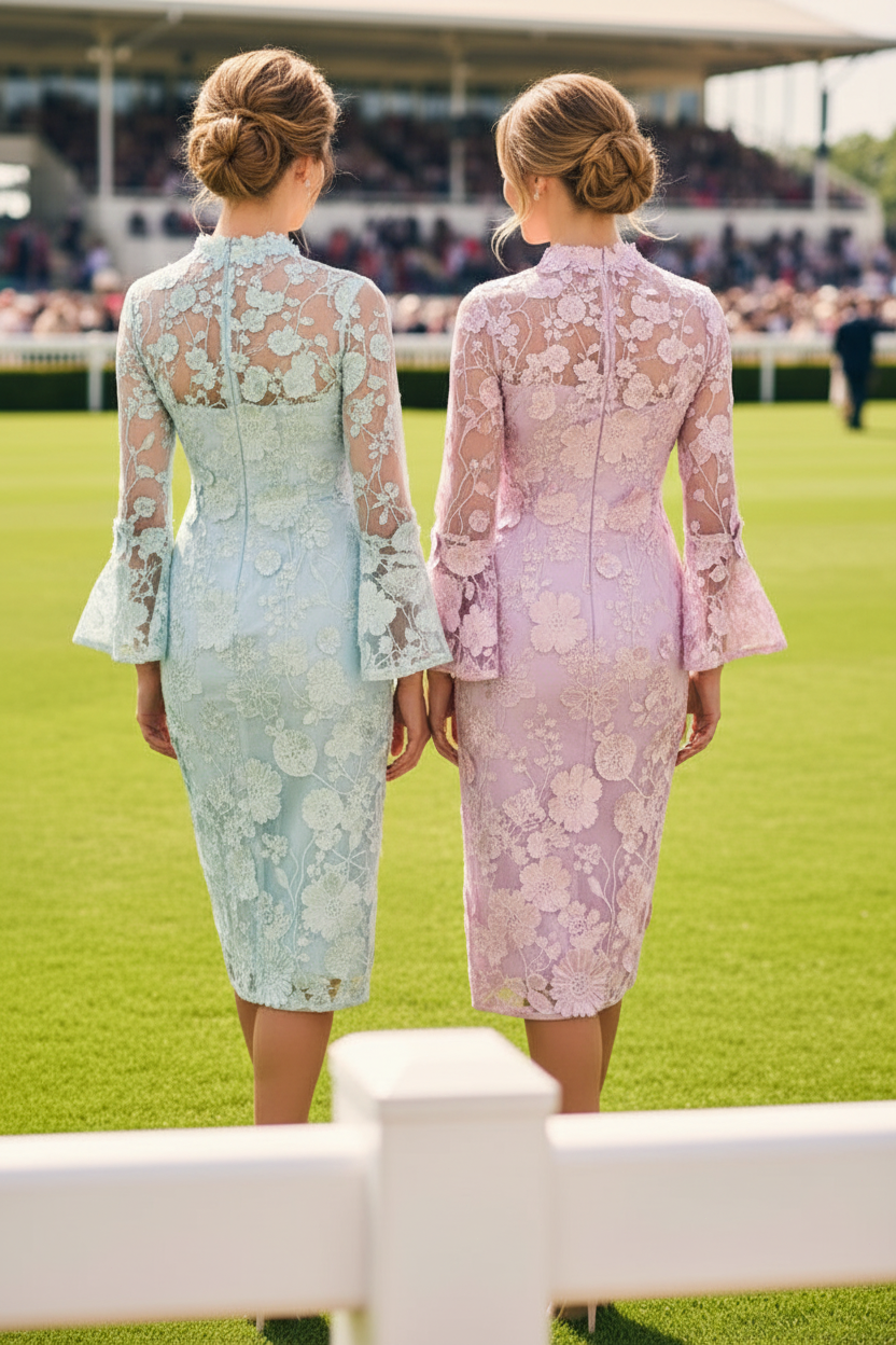 Floral Lace Midi Dress with Bell Sleeves & High Neck
