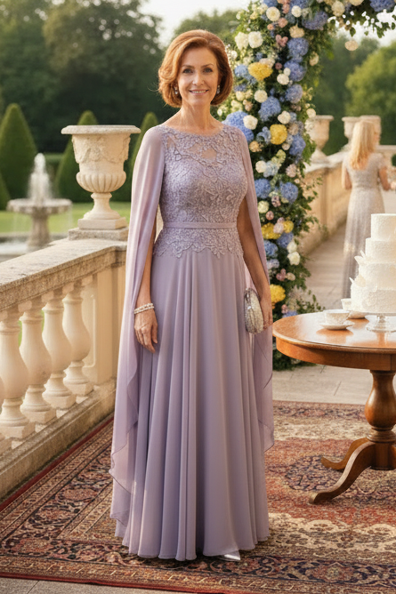Cape Sleeve Illusion Neckline A-Line Evening Gown