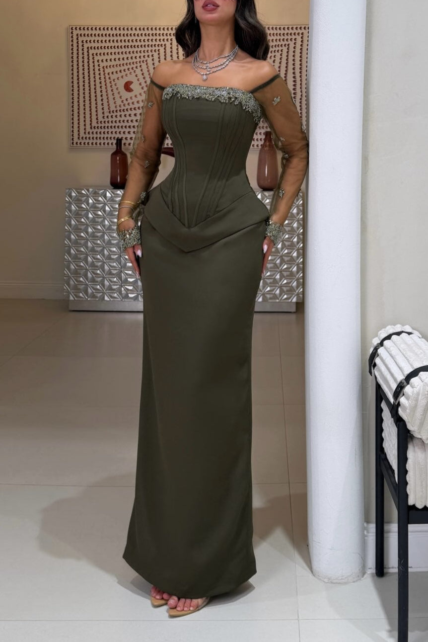 Corset Peplum Evening Gown with Sheer Sleeves