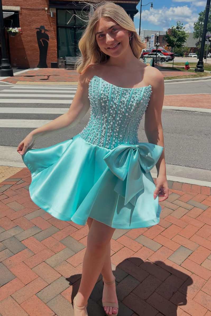 Strapless Pearl Beaded Corset Mini Dress with Bow