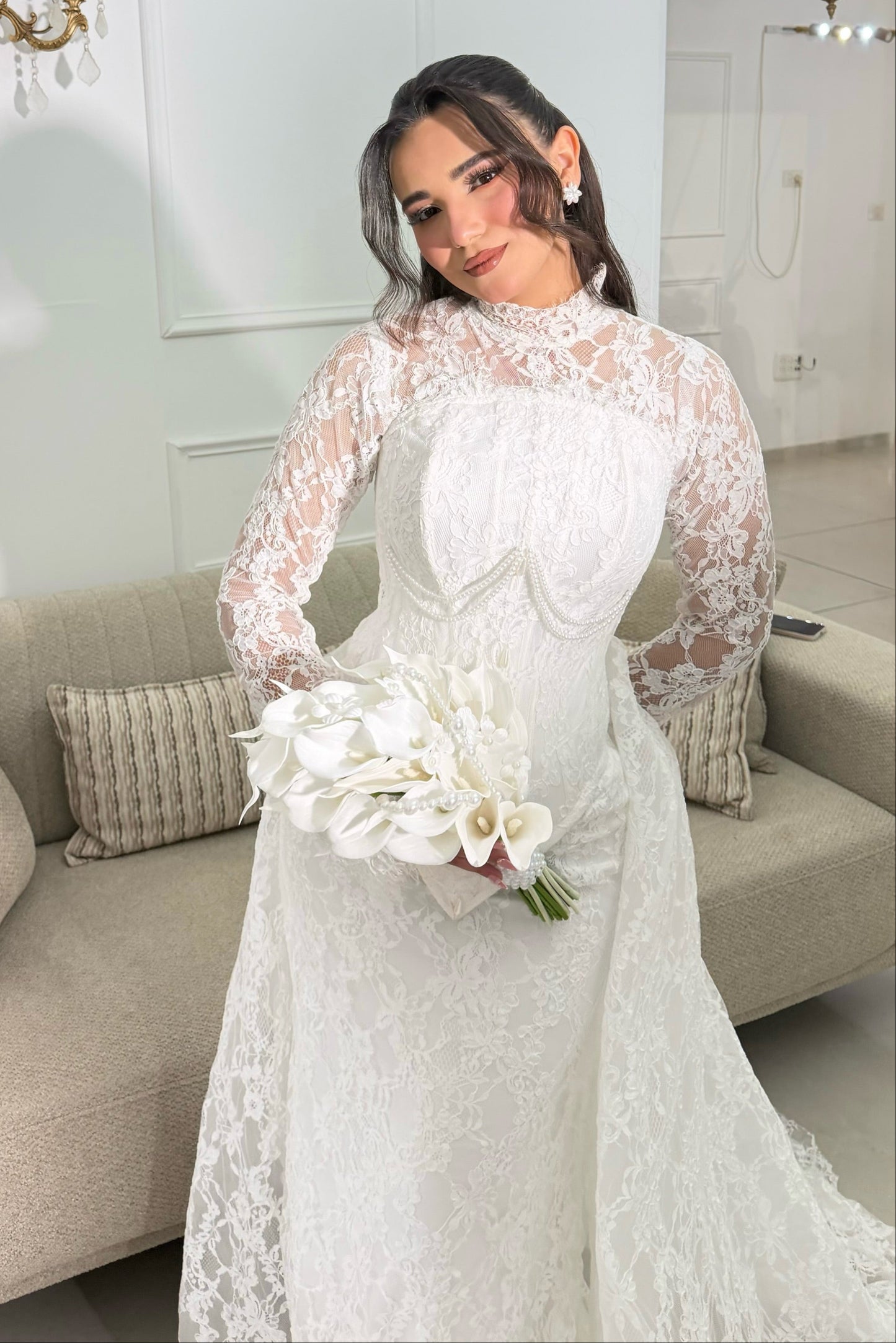 High Neck Lace Mermaid Wedding Dress with Train
