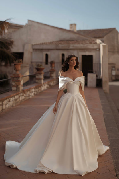 Off-the-Shoulder Satin Ball Gown Wedding Dress