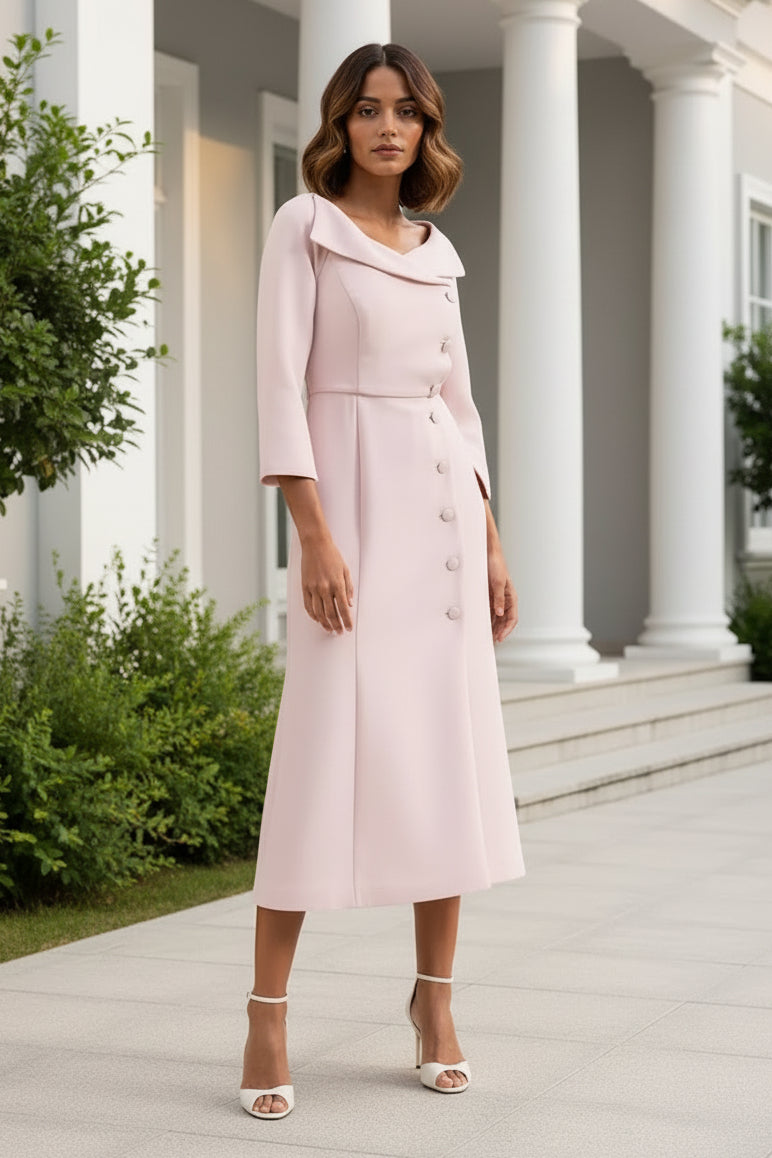 Asymmetric Neckline 3/4 Sleeve Midi Dress