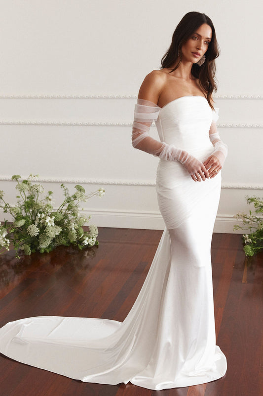 Ruched Strapless Mermaid Wedding Dress with Sheer Sleeves