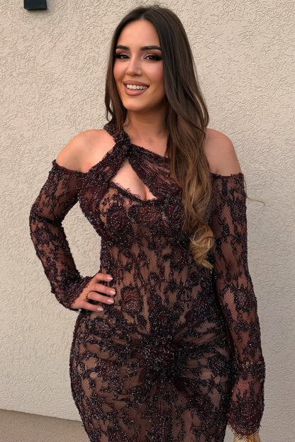 Cold-Shoulder Lace Evening Gown with Beaded Overlay