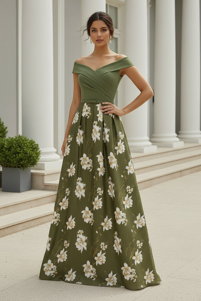 Off-the-Shoulder Floral Print A-Line Gown