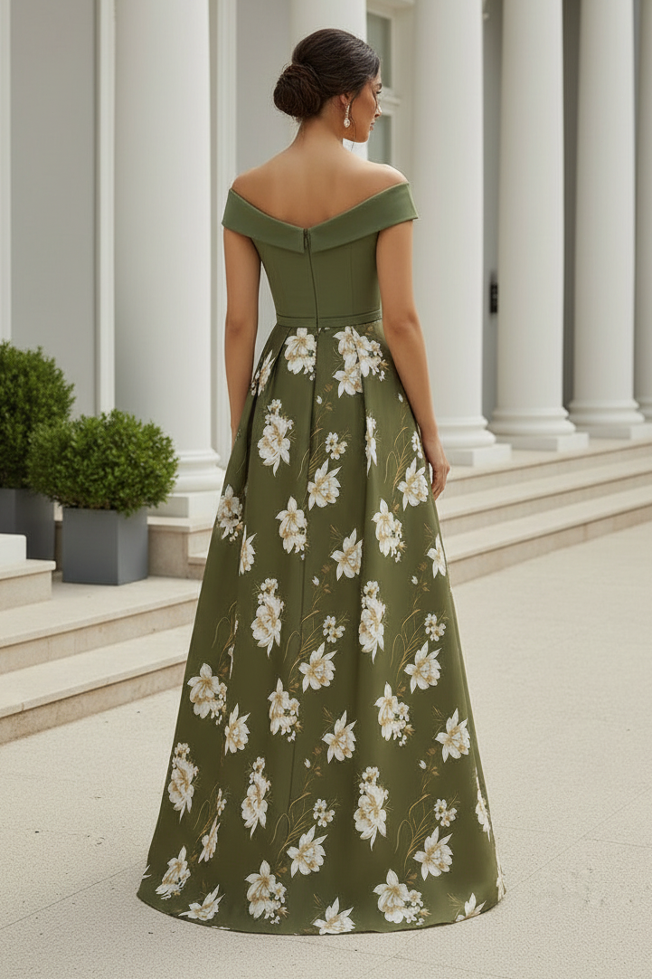 Off-the-Shoulder Floral Print A-Line Gown