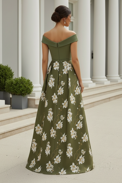 Off-the-Shoulder Floral Print A-Line Gown