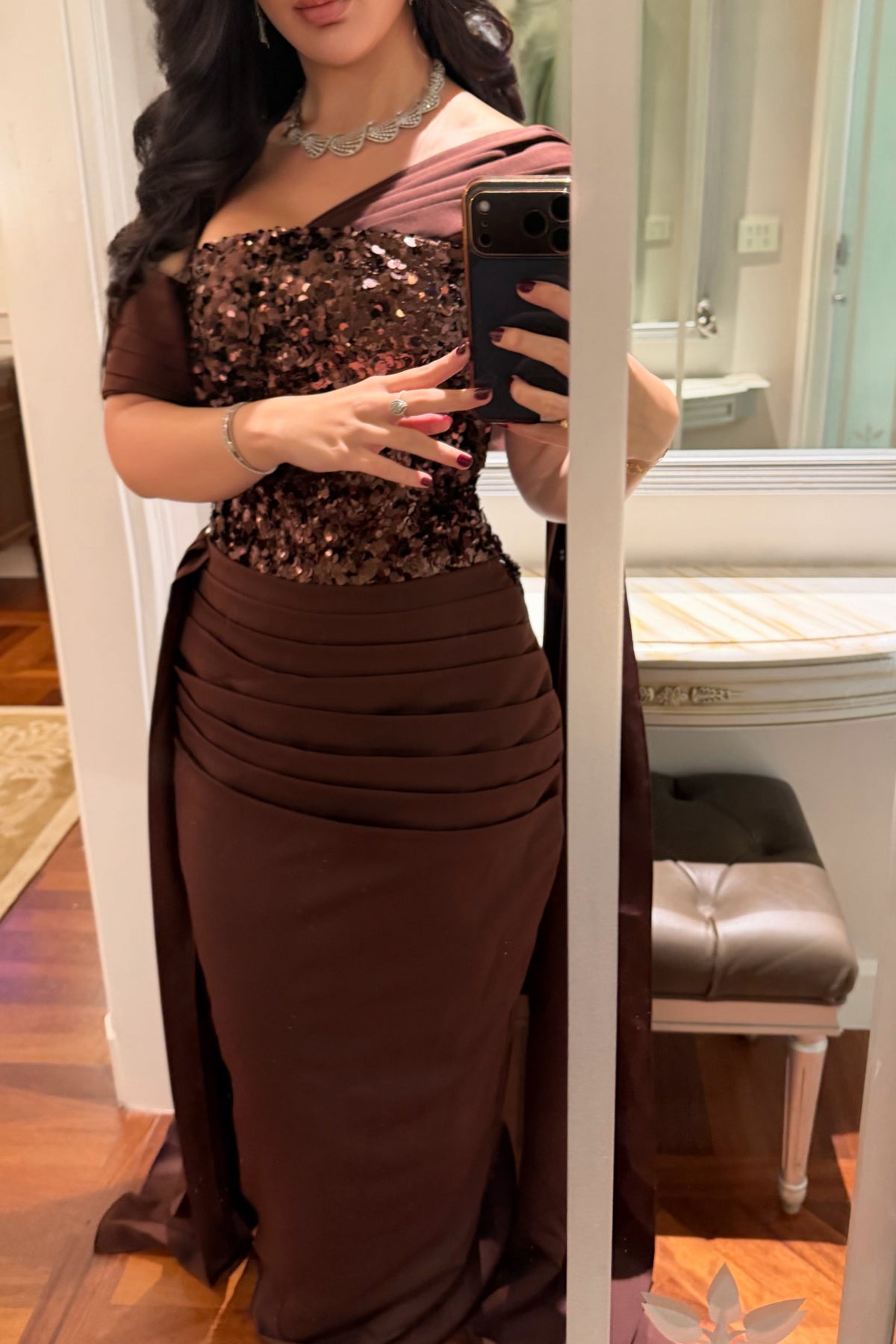 Sequin Bodice Asymmetrical Gown with Ruched Skirt