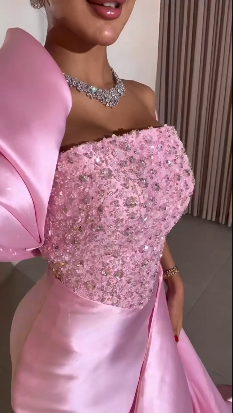 Beaded Bodice Satin Gown with Shawl & Side Drape