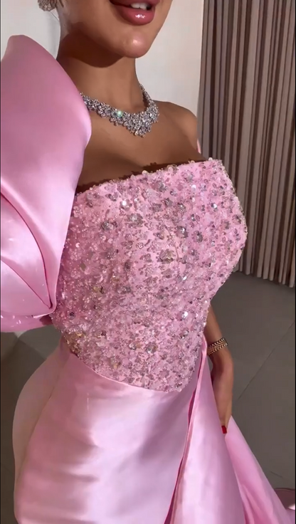 Beaded Bodice Satin Gown with Shawl & Side Drape