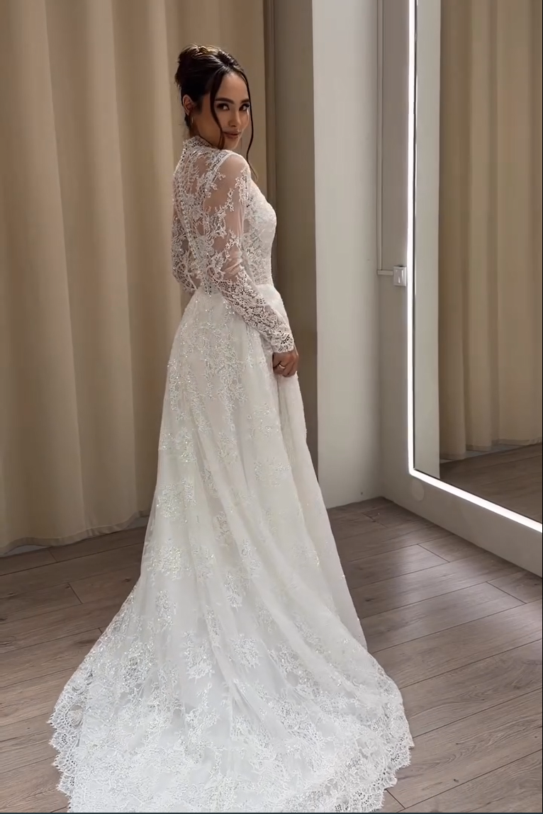 Lace High-Neck Wedding Dress with Long Sleeves