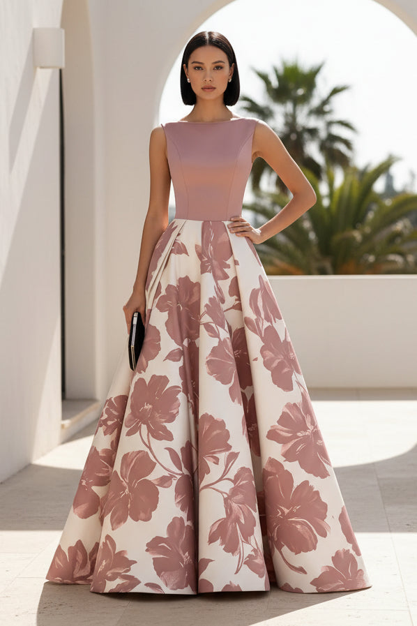 Sleeveless Floral Print A-Line Evening Gown