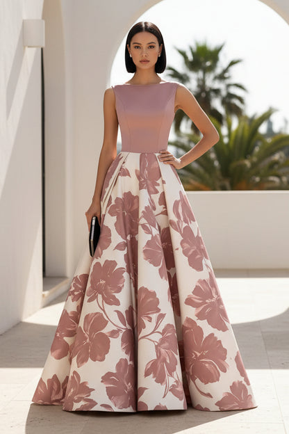 Sleeveless Floral Print A-Line Evening Gown