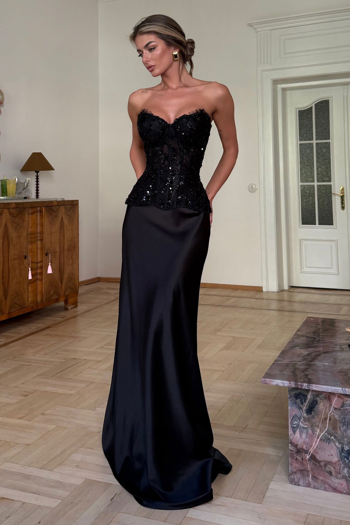 Strapless Beaded Corset Satin Maxi Gown