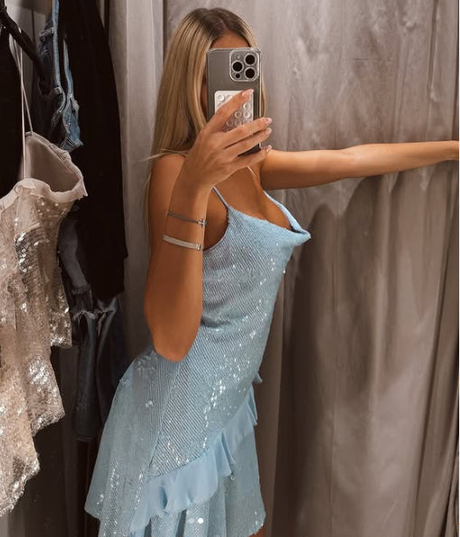 Sequined Cowl Neck Mini Dress with Ruffles
