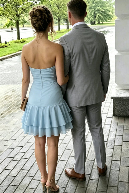 Strapless Ruched Cutout Mini Dress with Ruffled Skirt