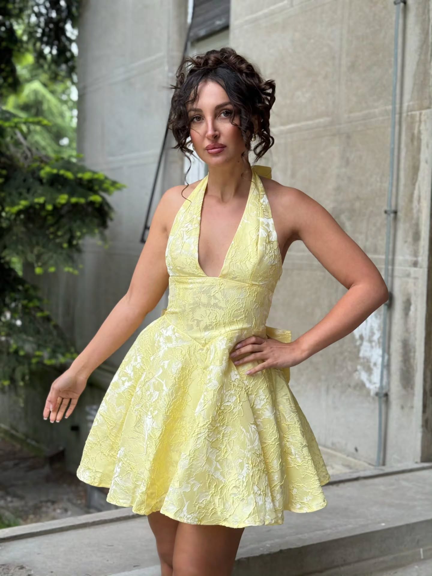Floral Jacquard Halter Mini Dress with Back Bow
