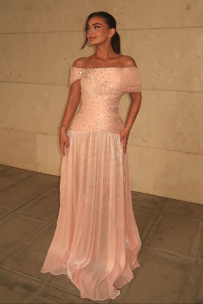 Off-the-Shoulder Ruched Gown with Rhinestones