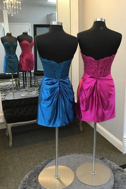 Strapless Lace Corset Ruched Satin Mini Dress with Slit
