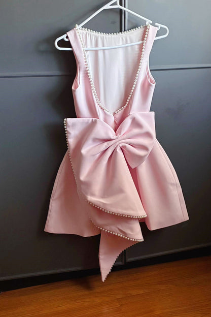 Open Back Mini Dress with Pearls and Statement Bow