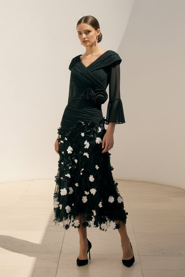 Pleated V-Neck Midi Dress with 3D Flower Skirt