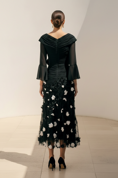 Pleated V-Neck Midi Dress with 3D Flower Skirt