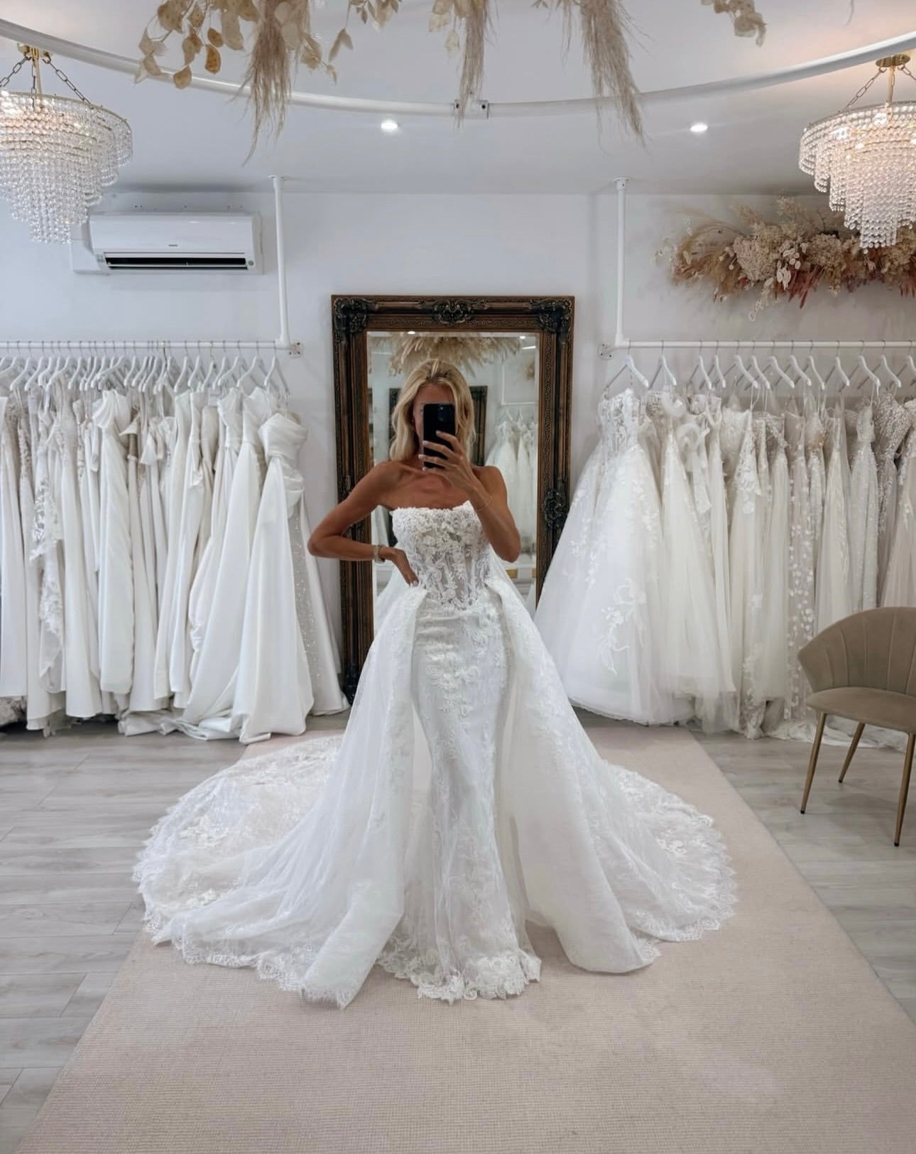 Strapless Lace Mermaid Wedding Dress with Overskirt