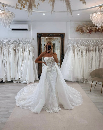 Strapless Lace Mermaid Wedding Dress with Overskirt
