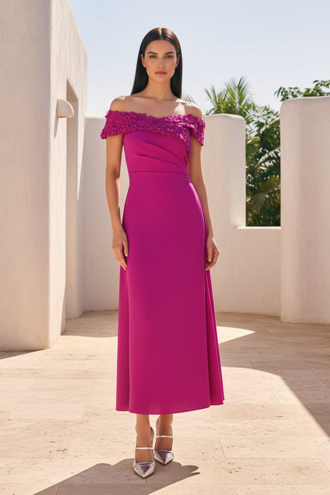 Off Shoulder Midi Dress with Floral Appliques