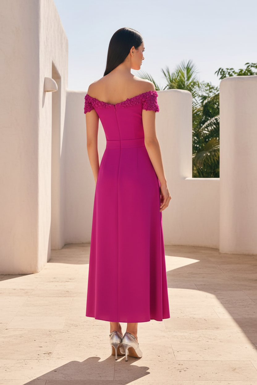 Off Shoulder Midi Dress with Floral Appliques